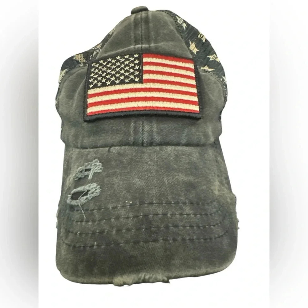 CC Exclusives Denim Strapback Cap Women One Size US Flag Broken-in Ripped